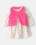 Baby Girl 2-Piece Floral Motif Sherpa Long-Sleeve Dress Set - White/Pink, image 1 of 7 slides