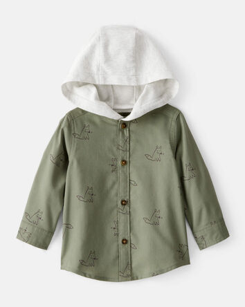 Baby Boy Racoon Print Cotton Long-Sleeve Hooded Button-Down Shirt - Green, 