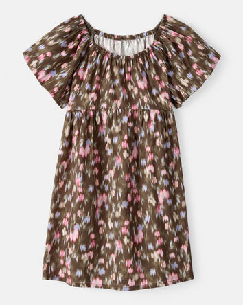 Girls Floral Cotton Short-Sleeve Dress -Brown, 