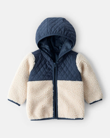 Baby Boy Color Block Hooded Sherpa Zip-Up Jacket - Khaki/Navy, 