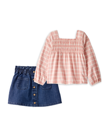 Toddler Girl 2-Piece Plaid Long-Sleeve Top & Denim Button-Front Skirt Set - Multi, 
