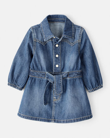 Baby Girl Cotton Denim Long-Sleeve Dress - Blue, 