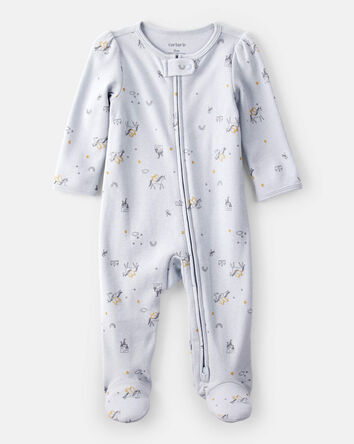 Baby Girl Unicorn Star Print 100% Cotton Long-Sleeve 2-Way Zip Sleep & Play Pajamas - Blue, 