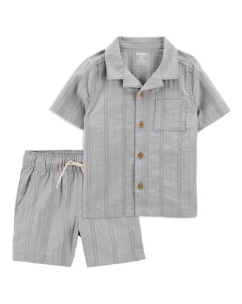 Toddler 2-Piece Seersucker Button-Down Shirt & Drawstring Shorts Set - Grey, 