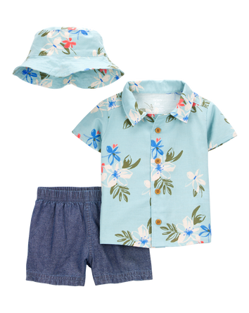 Baby 3-Piece Tropical Button-Down Shirt & Chambray Short Set, 