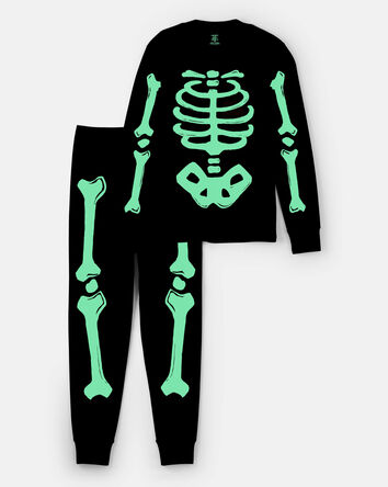 Adult 2-Piece Glow Skeleton Halloween 100% Snug Fit Cotton Pajamas - Black, 