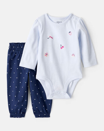 Baby Girl 2-Piece Fruit Print Cotton Long-Sleeve Bodysuit & Pant Set - Blue, 