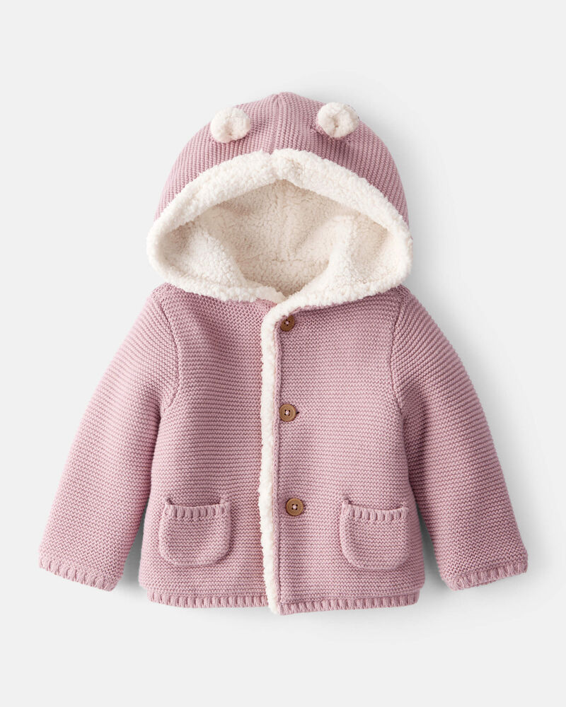 Baby Girl Sherpa Lined Cotton Long-Sleeve Jacket - Pink, image 1 of 4 slides