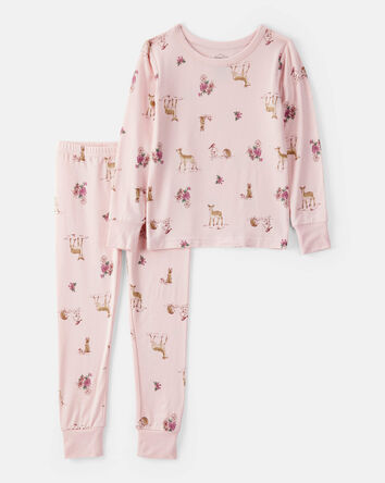 Girls Deer & Floral Print PurelySoft Long-Sleeve 2-Piece Pajamas - Pink, 