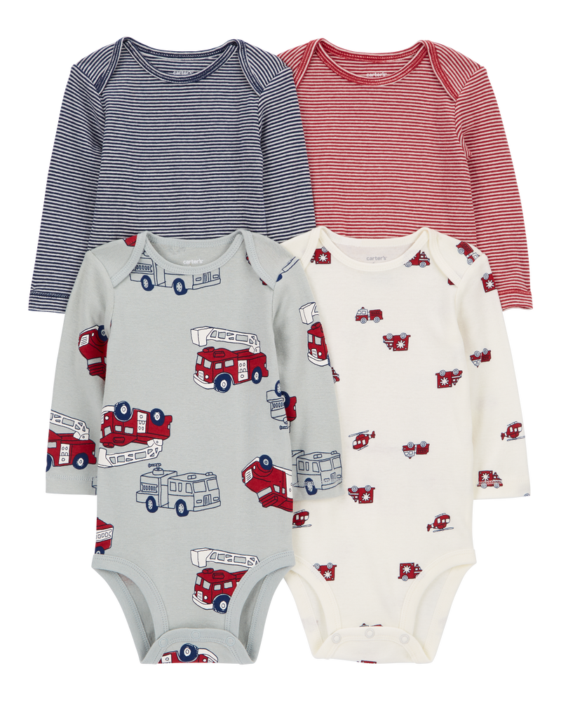 Baby 4-Pack Long-Sleeve Firetruck Bodysuits, image 1 of 7 slides