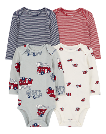 Baby 4-Pack Long-Sleeve Firetruck Bodysuits, 
