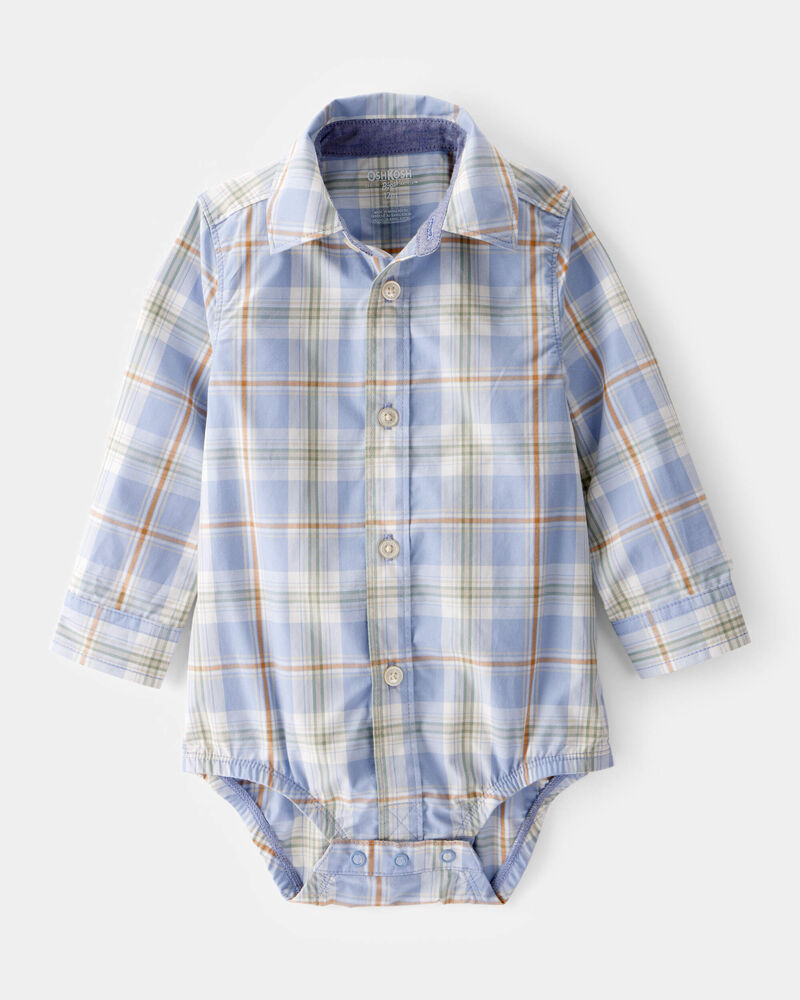Baby Boy Poplin Plaid Button-Front Long-Sleeve Bodysuit, image 1 of 4 slides