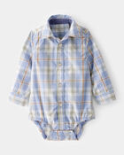 Baby Boy Poplin Plaid Button-Front Long-Sleeve Bodysuit, image 1 of 4 slides