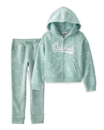 Girls 2-Piece DayDream Fleece Floral Hooded Zip-Up Jacket & Drawstring Joggers Set - Green, 