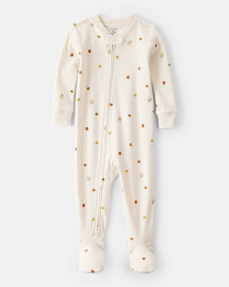 Baby Thanksgiving Print 100% Cotton Long-Sleeve 2-Way Zip Footed 1-Piece Pajamas - Ivory, image 1 of 4 slides