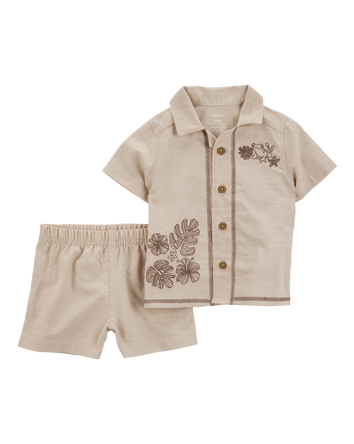 Baby 2-Piece Shirt & Short Set with Embroidered Frog - Khaki, 