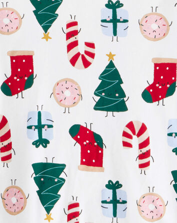 Adult Festive Friends Christmas 100% Cotton Long-Sleeve Snug Fit 2-Piece Pajamas - White, 