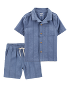 Baby 2-Piece Seersucker Button-Down Shirt & Drawstring Shorts Set - Blue, image 1 of 7 slides