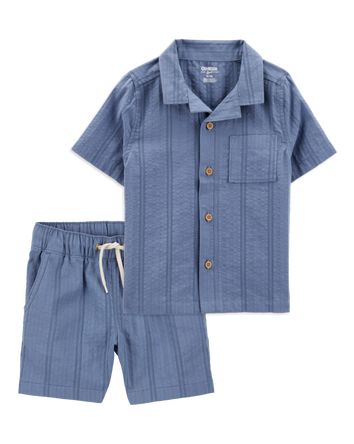 Baby 2-Piece Seersucker Button-Down Shirt & Drawstring Shorts Set - Blue, 