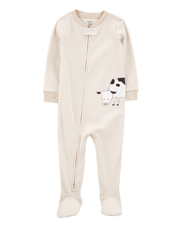 Baby Boy Cow Striped Snug Fit Cotton Footie 1-Piece Pajamas - Tan, 