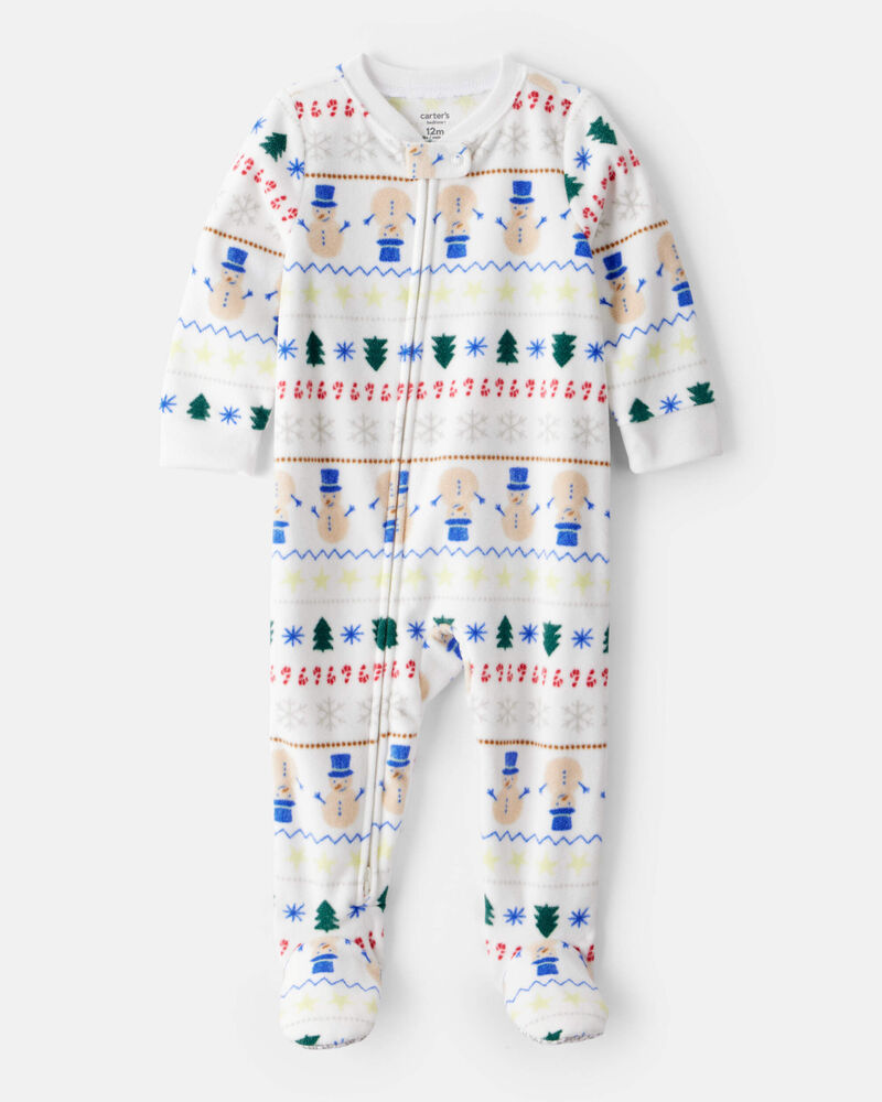 Toddler Snowman Fair Isle Fleece Long-Sleeve Loose Fit 1-Piece Pajamas - White, image 1 of 3 slides