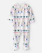 Toddler Snowman Fair Isle Fleece Long-Sleeve Loose Fit 1-Piece Pajamas - White, image 1 of 3 slides