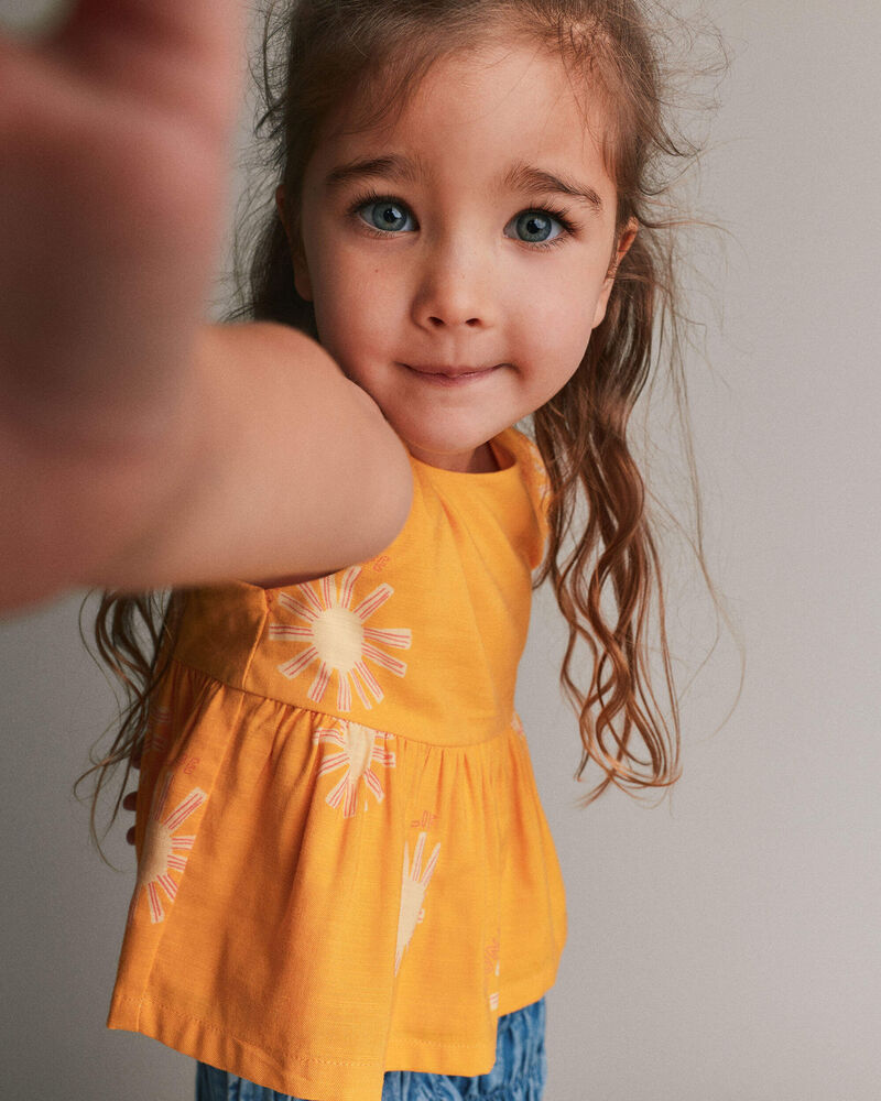Toddler Girl Peplum Top in Sunny Life Print - Golden Yellow, image 1 of 5 slides