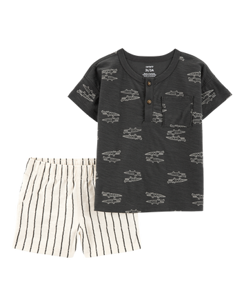 Baby 2-Piece Alligator Henley Tee & Striped Pull-On Shorts, 