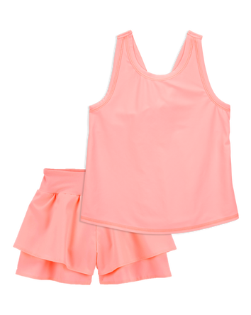 Kid 2-Piece Floral Active Twist Tank & Flowy Layered Flip Short Set - Coral, 