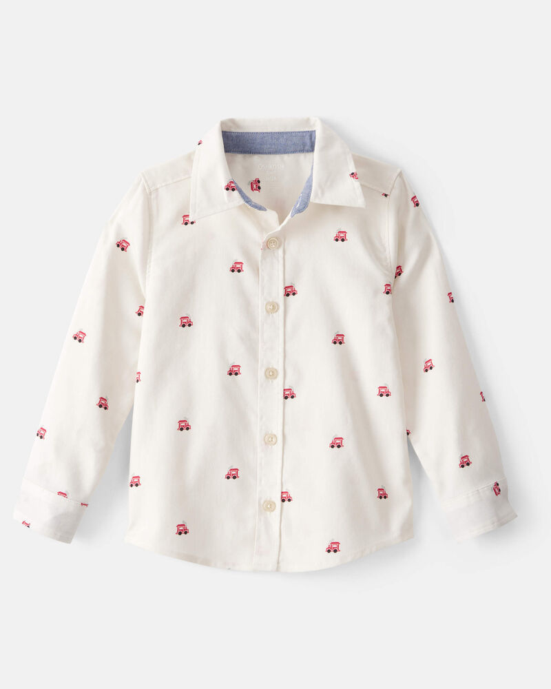 Toddler Boy Train Print  Button-Down Shirt - White, image 1 of 3 slides