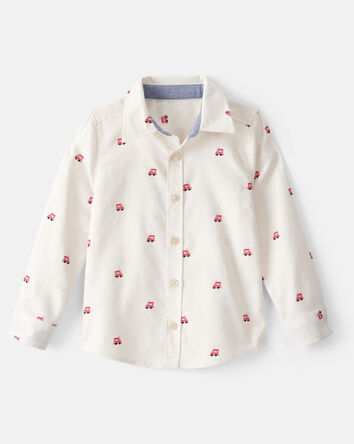 Toddler Boy Train Print  Button-Down Shirt - White, 