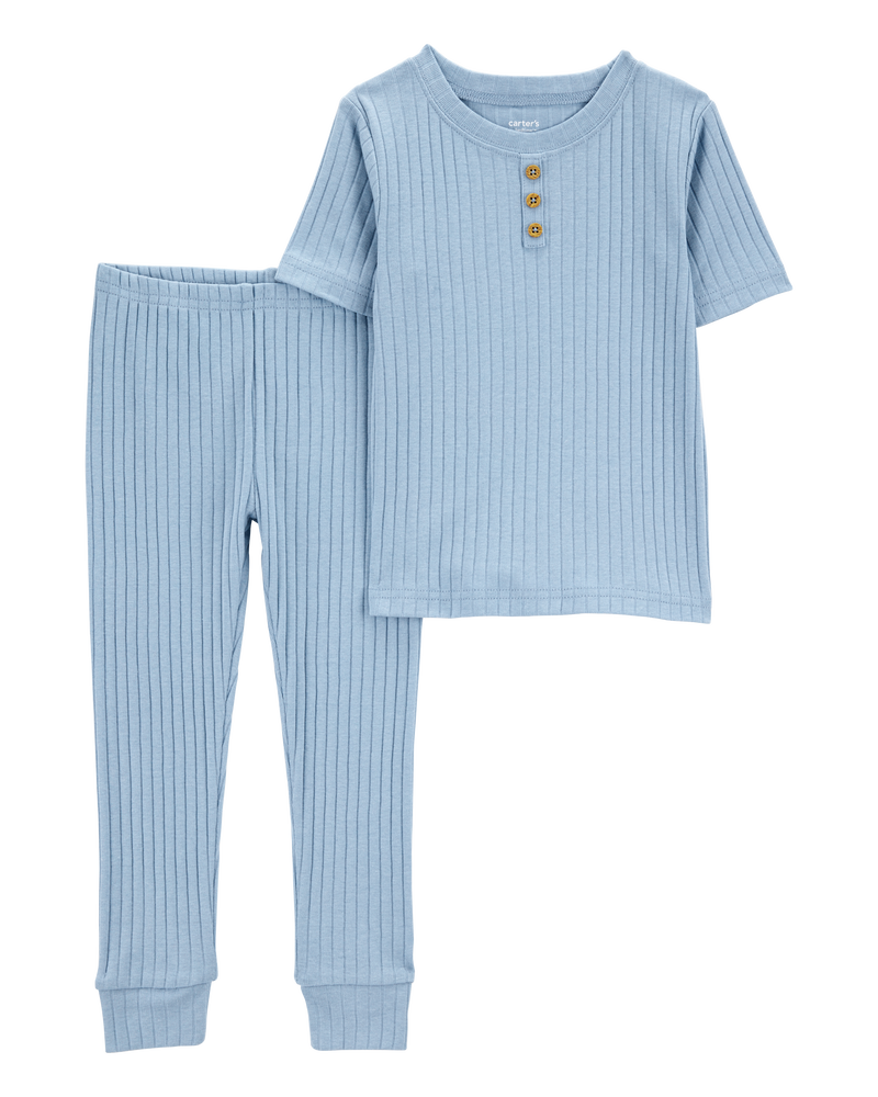 Toddler Solid Ribbed Cotton Blend 2-Piece Pajamas - Blue, image 1 of 3 slides