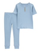 Toddler Solid Ribbed Cotton Blend 2-Piece Pajamas - Blue, image 1 of 3 slides
