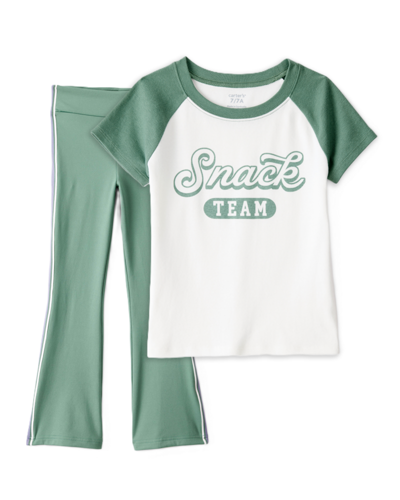 Girls 2-Piece Snack Team Graphic Tee & Knit Flare Active Pants Set - Green/White, image 1 of 7 slides