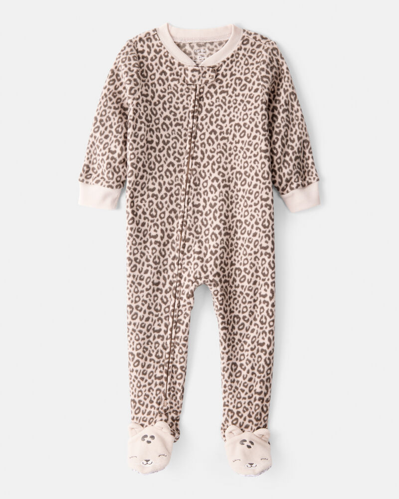 Baby Girl Leopard Fleece Long-Sleeve Loose Fit 1-Piece Pajamas - Brown, image 1 of 5 slides