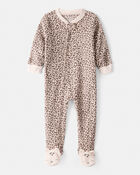 Baby Girl Leopard Fleece Long-Sleeve Loose Fit 1-Piece Pajamas - Brown, image 1 of 5 slides