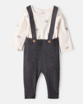 Baby Boy Sheep Print Cotton Long-Sleeve Overall Set - White/Grey, 