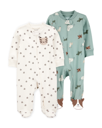 Baby 2-Pack  Cotton 2-Way Zip Sleep & Play Pajamas - Green/Ivory, 