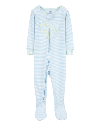 Baby Girl Heart Striped Snug Fit Cotton Footie 1-Piece Pajamas - Blue, 