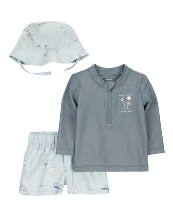 Baby 3-Piece Long-Sleeve Rashguard, Swim Trunk & Swim Hat Set - Grey/Blue, 