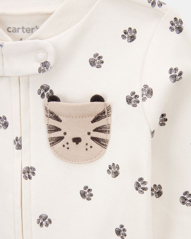 Baby Tiger Print 2-Way Zip Cotton Sleep & Play Pajamas - Ivory, image 2 of 4 slides