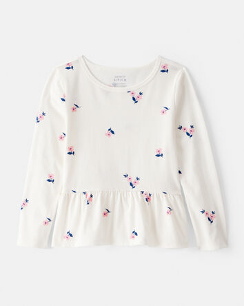 Girls Floral Long-Sleeve Peplum Top - Ivory, 