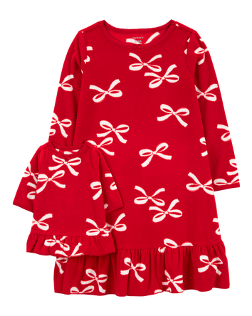 Toddler 2-Pack Bow Print Fleece & Matching Doll Nightgown, 