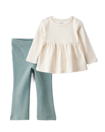 Toddler Girl 2-Piece White Peplum Top & Green Flare Leggings Set - Cream/Green, 