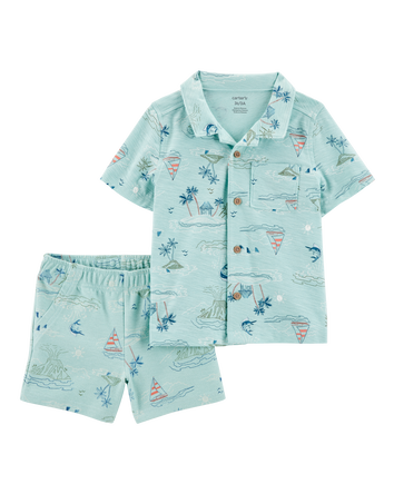 Toddler 2-Piece Button-Down Shirt & Pull-On Short Set, 