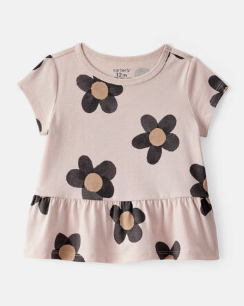 Baby Girl Flower Print Short-Sleeve Peplum Top - Tan, 