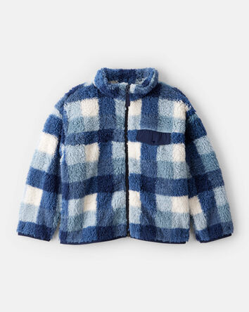 Boys Plaid Sherpa Long-Sleeve Zip-Up Jacket - Blue, 