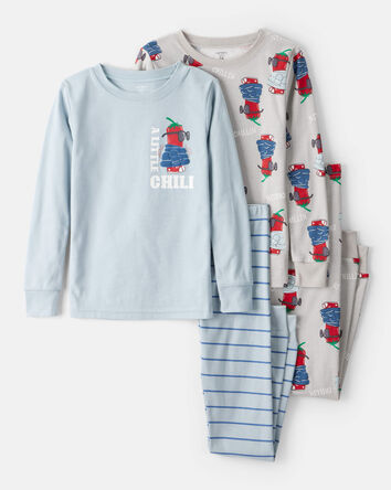 Boys Chili Pepper Print 100% Cotton Long-Sleeve Snug Fit 4-Piece Pajamas - Blue, 