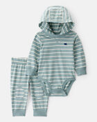 Baby Boy 2-Piece Striped Bear Hooded Bodysuit Pant Set - Green/White, image 1 of 3 slides