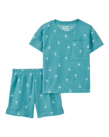 Toddler Boy Palm Tree Print Loose Fit Waffle Knit 2-Piece Pajamas - Turquoise, 